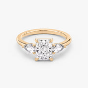Radiant Cut - Plain Band - Three Stone Ring - 0.25 Ct Side Stone each - 14 K Gold